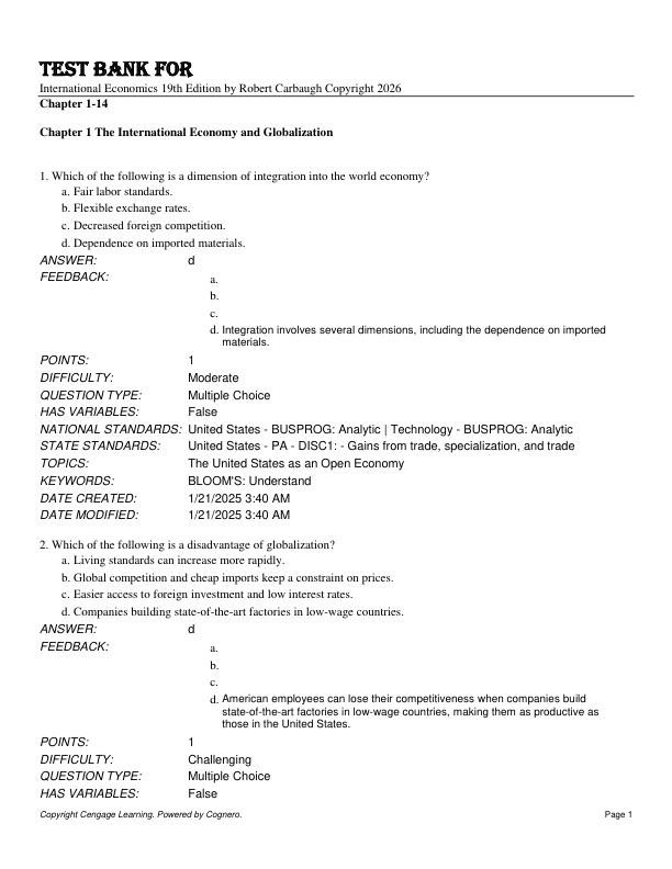 Test Bank For International Economics 19th Edition by Robert Carbaugh Copyright 2026