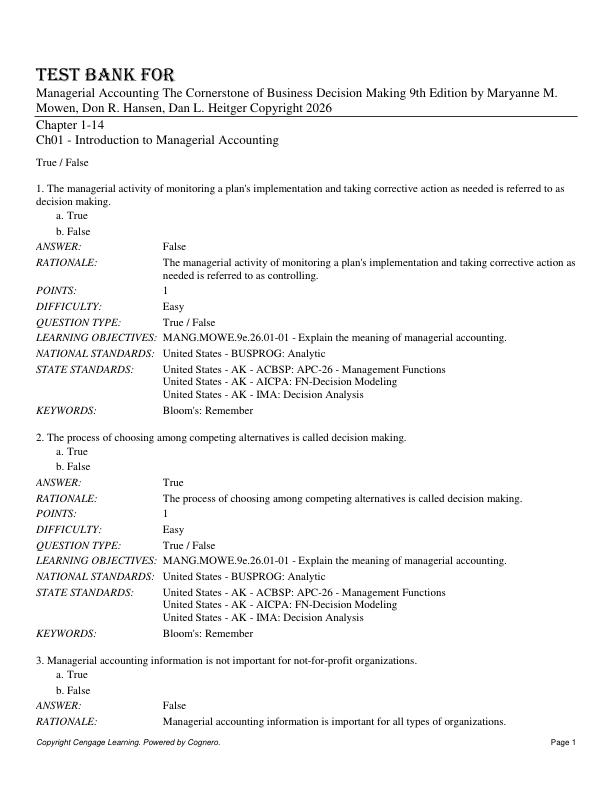 Test Bank For Managerial Accounting The Cornerstone of Business Decision Making 9th Edition by Maryanne M. Mowen, Don R. Hansen, Dan L. Heitger Copyright 2026