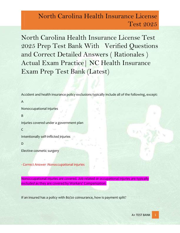 North Carolina Health Insurance License Test  2025 Prep Test Bank With   Verified Questions  and Correct Detailed Answers ( Rationales )  Actual Exam Practice| NC Health Insurance  Exam Prep Test Bank (Latest) 