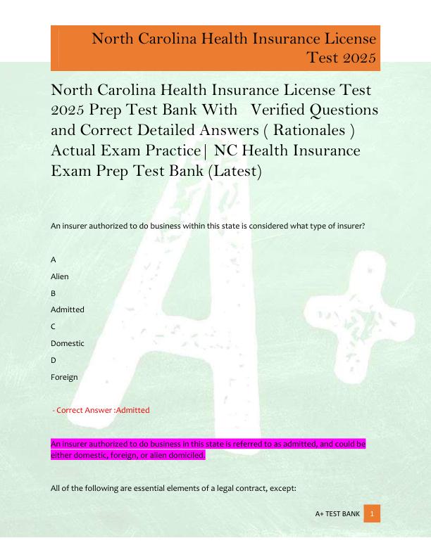 North Carolina Health Insurance License Test  2025 Prep Test Bank With   Verified Questions  and Correct Detailed Answers ( Rationales )  Actual Exam Practice| NC Health Insurance  Exam Prep Test Bank (Latest) 