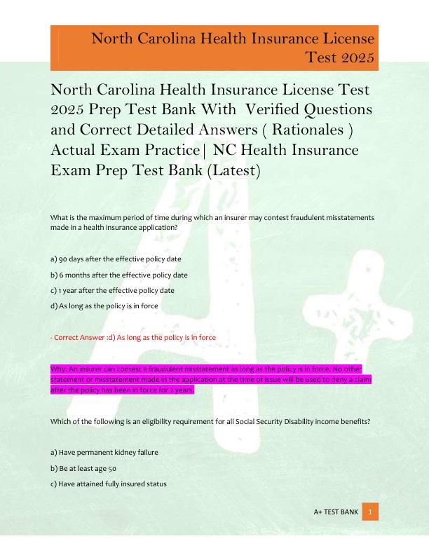 North Carolina Health Insurance License Test  2025 Prep Test Bank With   Verified Questions  and Correct Detailed Answers ( Rationales )  Actual Exam Practice| NC Health Insurance  Exam Prep Test Bank (Latest) 