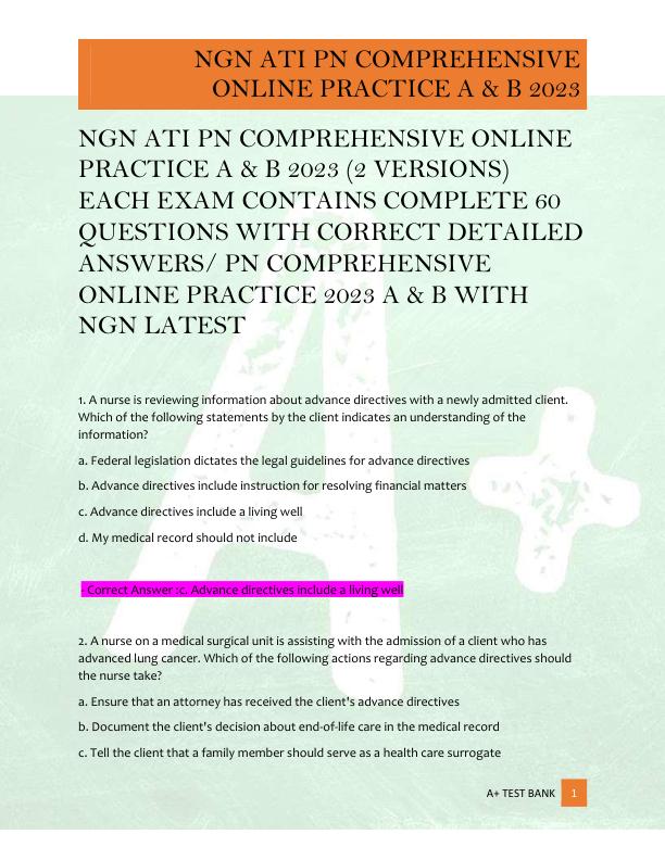NGN ATI PN COMPREHENSIVE ONLINE  PRACTICE A & B 2023 (2 VERSIONS)  EACH EXAM CONTAINS COMPLETE 60  QUESTIONS WITH CORRECT DETAILED  ANSWERS/ PN COMPREHENSIVE  ONLINE PRACTICE 2023 A & B WITH  NGN LATEST