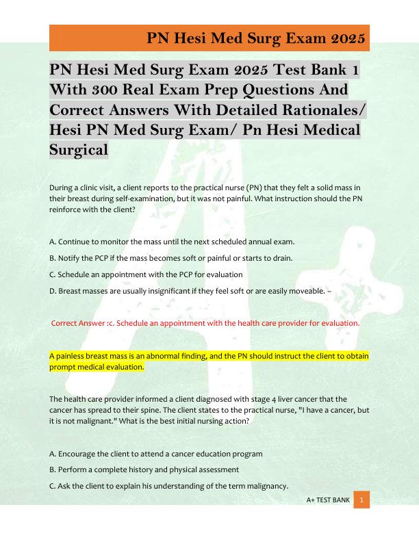 PN Hesi Med Surg Exam 2025 Test Bank 1  With 300 Real Exam Prep Questions And  Correct Answers With Detailed Rationales/  Hesi PN Med Surg Exam/ Pn Hesi Medical  Surgical