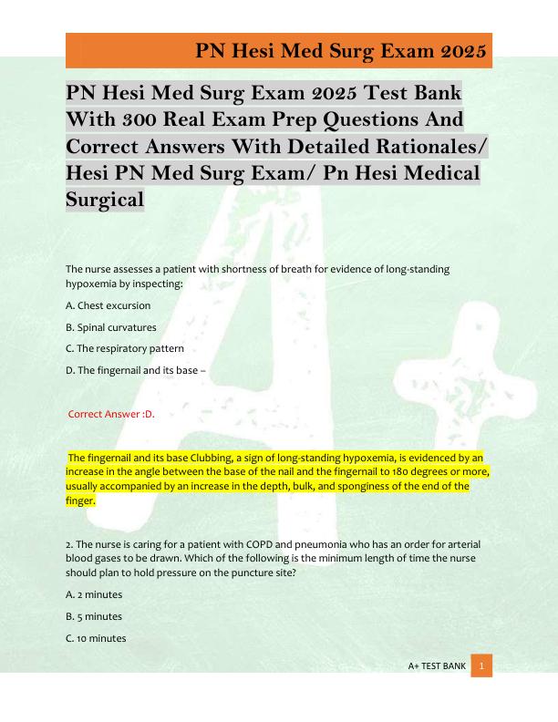 PN Hesi Med Surg Exam 2025 Test Bank 1  With 300 Real Exam Prep Questions And  Correct Answers With Detailed Rationales/  Hesi PN Med Surg Exam/ Pn Hesi Medical  Surgical