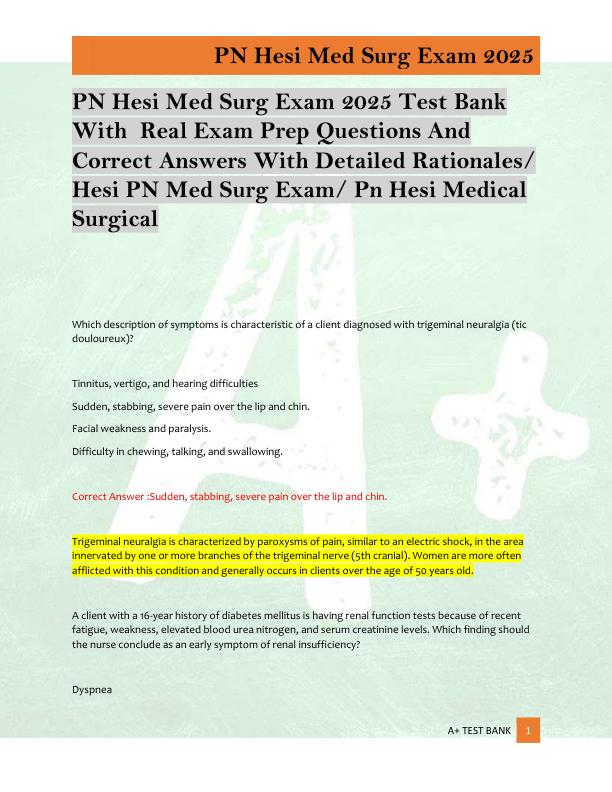 PN Hesi Med Surg Exam 2025 Test Bank 1  With 300 Real Exam Prep Questions And  Correct Answers With Detailed Rationales/  Hesi PN Med Surg Exam/ Pn Hesi Medical  Surgical