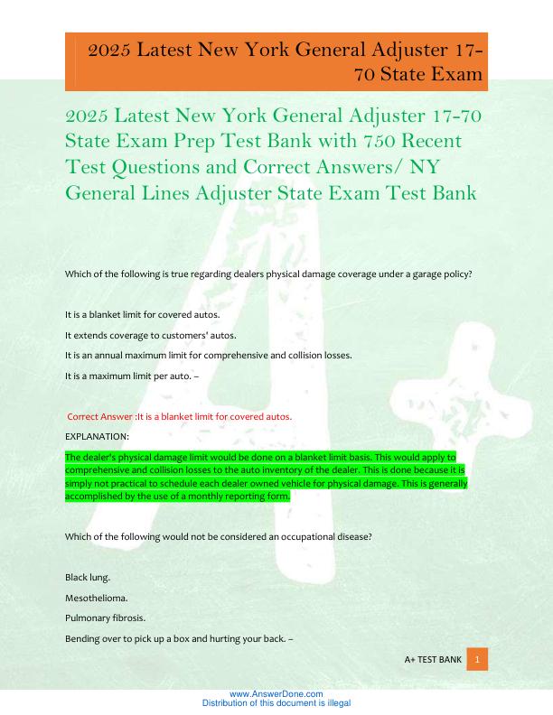 2025 Latest New York General Adjuster 17-70  State Exam Prep Test Bank with 750 Recent  Test Questions and Correct Answers/ NY  General Lines Adjuster State Exam Test Bank
