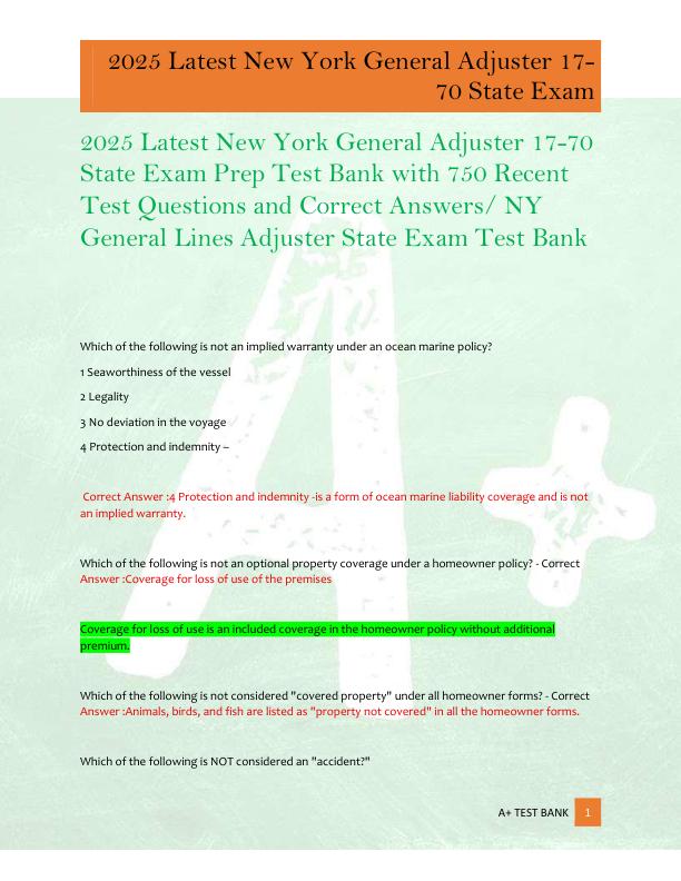 2025 Latest New York General Adjuster 17-70  State Exam Prep Test Bank with 750 Recent  Test Questions and Correct Answers/ NY  General Lines Adjuster State Exam Test Bankr