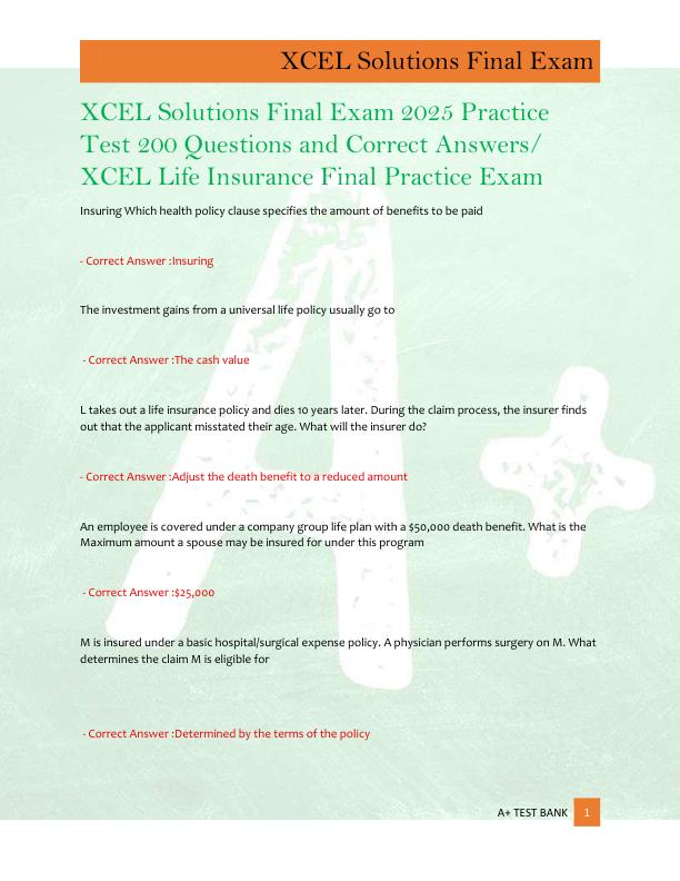 XCEL Solutions Final Exam 2025 Practice  Test 200 Questions and Correct Answers/  XCEL Life Insurance Final Practice Exam 
