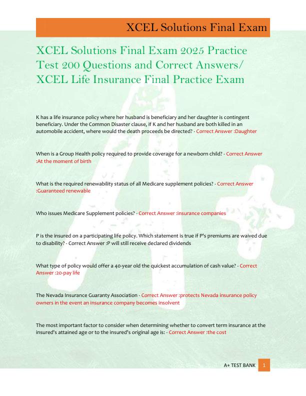 mobile-preview-XCEL Solutions Final Exam 2025 Practice  Test 200 Questions and Correct Answers/  XCEL Life Insurance Final Practice Exam