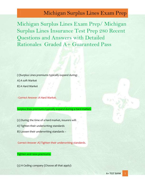   A+ TEST BANK 1    Michigan Surplus Lines Exam Prep/ Michigan  Surplus Lines Insurance Test Prep 280 Recent  Questions and Answers with Detailed  Rationales  Graded A+ Guaranteed Pass  