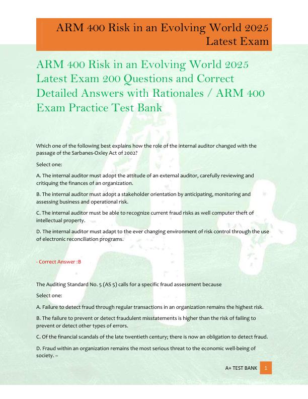 ARM 400 Risk in an Evolving World 2025  Latest Exam 200 Questions and Correct  Detailed Answers with Rationales / ARM 400  Exam Practice Test Bank 