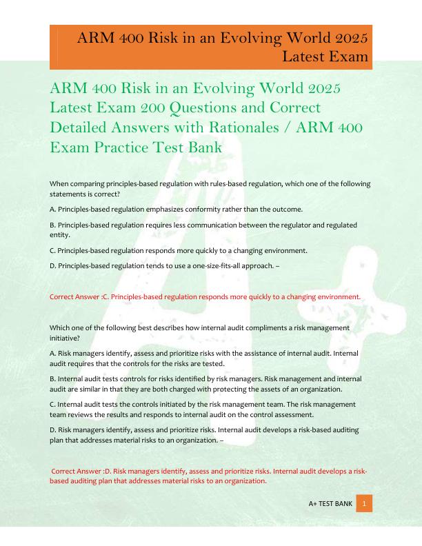 ARM 400 Risk in an Evolving World 2025  Latest Exam 200 Questions and Correct  Detailed Answers with Rationales / ARM 400  Exam Practice Test Bank