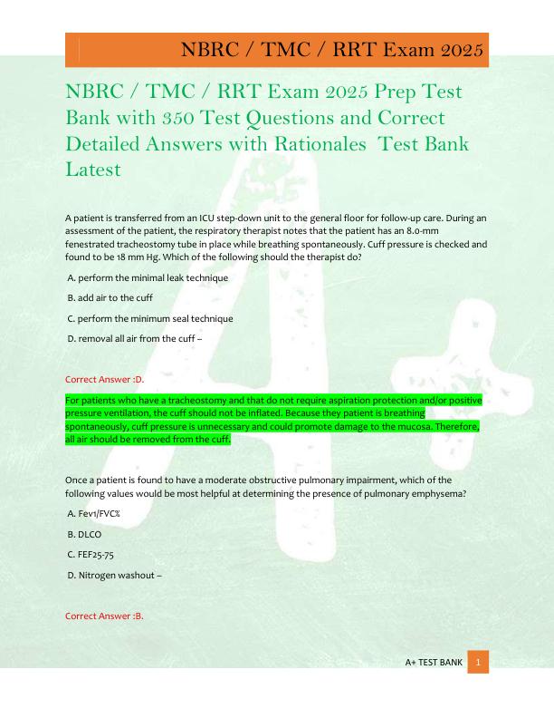 NBRC / TMC / RRT Exam 2025 Prep Test  Bank with 350 Test Questions and Correct  Detailed Answers with Rationales  Test Bank  Latest