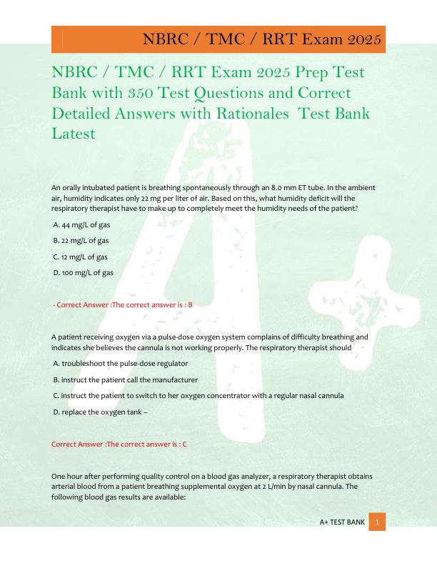 NBRC / TMC / RRT Exam 2025 Prep Test  Bank with 350 Test Questions and Correct  Detailed Answers with Rationales  Test Bank  Latest