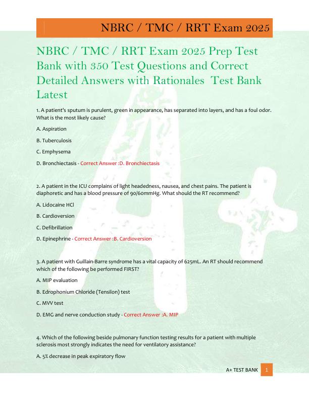 NBRC / TMC / RRT Exam 2025 Prep Test  Bank with 350 Test Questions and Correct  Detailed Answers with Rationales  Test Bank  Latest 