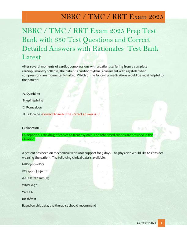 NBRC / TMC / RRT Exam 2025 Prep Test  Bank with 350 Test Questions and Correct  Detailed Answers with Rationales  Test Bank  Latest