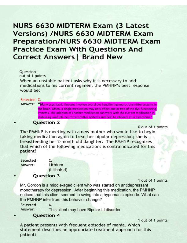 NURS 6630 MIDTERM Exam (3 Latest  Versions) /NURS 6630 MIDTERM Exam  Preparation/NURS 6630 MIDTERM Exam  Practice Exam With Questions And  Correct Answers| Brand New 