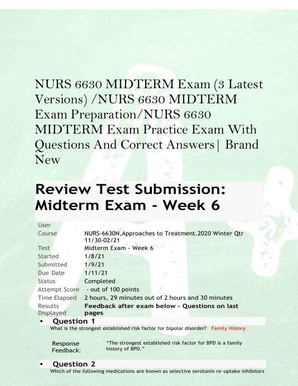 NURS 6630 MIDTERM Exam (3 Latest  Versions) /NURS 6630 MIDTERM  Exam Preparation/NURS 6630  MIDTERM Exam Practice Exam With  Questions And Correct Answers| Brand  New