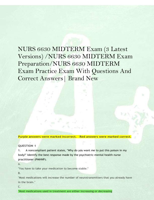 NURS 6630 MIDTERM Exam (3 Latest  Versions) /NURS 6630 MIDTERM Exam  Preparation/NURS 6630 MIDTERM  Exam Practice Exam With Questions And  Correct Answers| Brand New