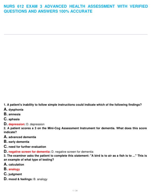 NURS 612 EXAM 3 ADVANCED HEALTH ASSESSMENT WITH VERIFIED QUESTIONS AND ANSWERS 100% ACCURATE