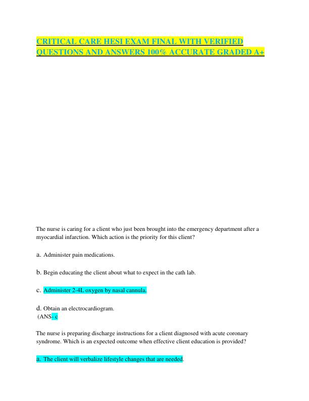 CRITICAL CARE HESI EXAM FINAL WITH VERIFIED QUESTIONS AND ANSWERS 100% ACCURATE GRADED A+