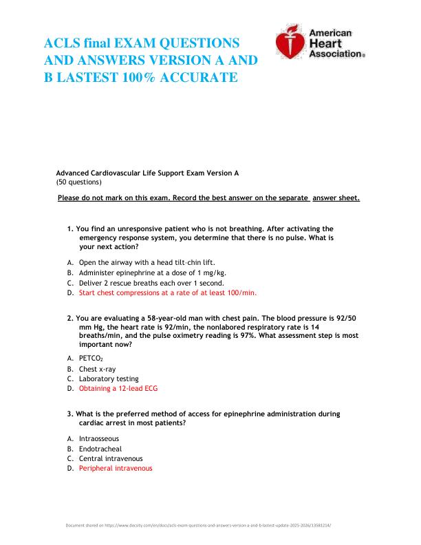 ACLS 202 EXAM QUESTIONS AND ANSWERS VERSION A AND B LASTEST UPDATE 100% ACCURATE