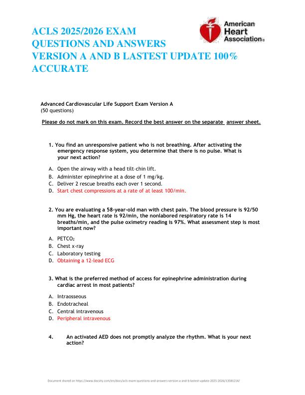 ACLS 2025 2026 EXAM QUESTIONS AND ANSWERS VERSION A AND B LASTEST UPDATE 100% ACCURATE