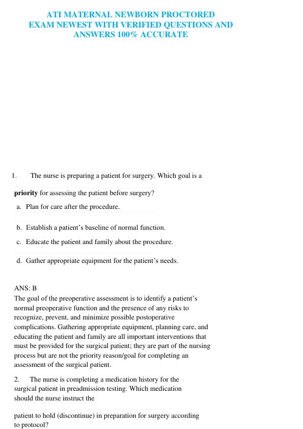 ATI MATERNAL NEWBORN PROCTORED EXAM NEWEST WITH VERIFIED QUESTIONS AND ANSWERS 100% ACCURATE