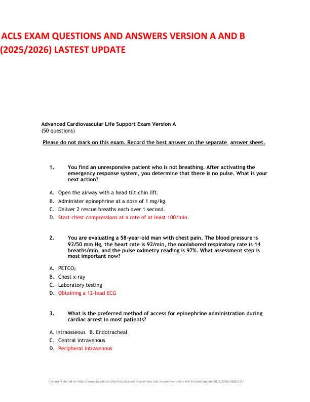 ACLS EXAM QUESTIONS AND ANSWERS VERSION A AND B (2025  2026) LASTEST UPDATE