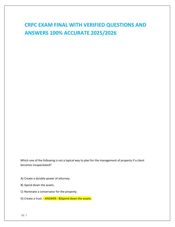 CRPC EXAM FINAL WITH VERIFIED QUESTIONS AND ANSWERS 100% ACCURATE 2025 2026