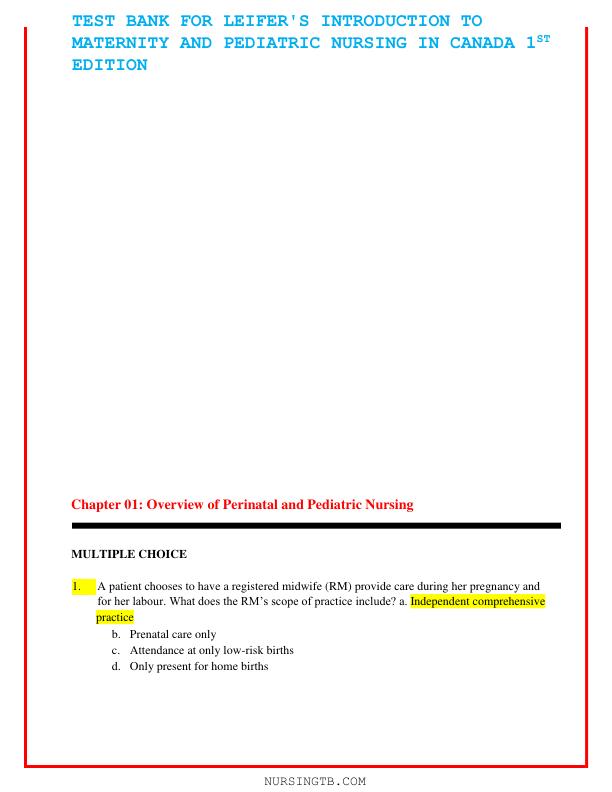TEST BANK FOR LEIFER'S INTRODUCTION TO MATERNITY AND PEDIATRIC NURSING IN CANADA 1ST EDITION