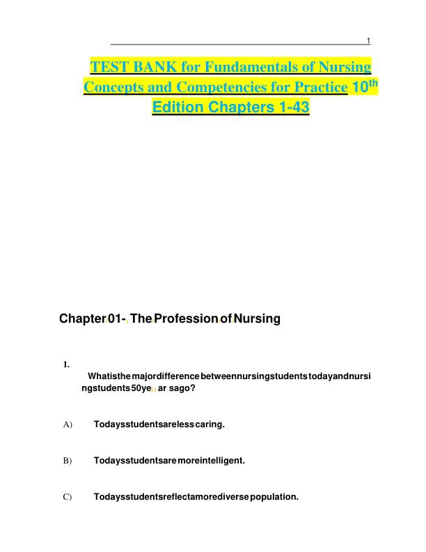 TEST BANK for Fundamentals of Nursing Concepts and Competencies for Practice 10th Edition Chapters