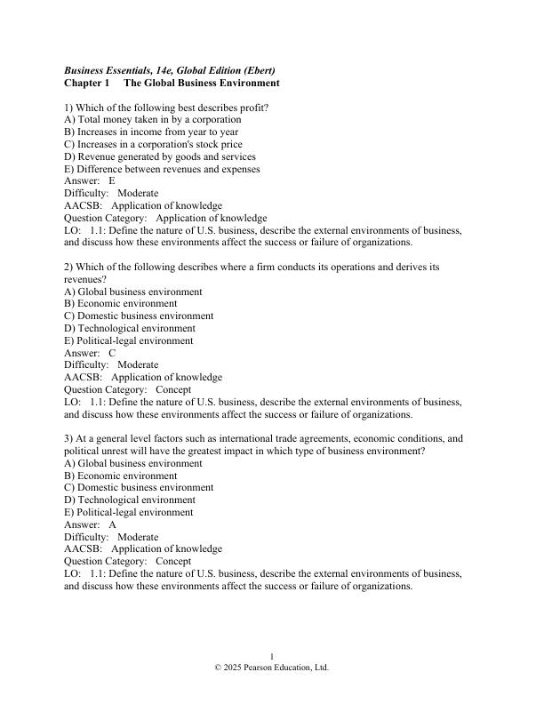 Test Bank For Business Essentials, Global Edition, 14th Edition By Ronald J. Ebert Ricky W. Griffin