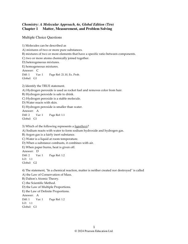 Test Bank For Chemistry A Molecular Approach, Global Edition, 6th Edition Nivaldo J. Tro