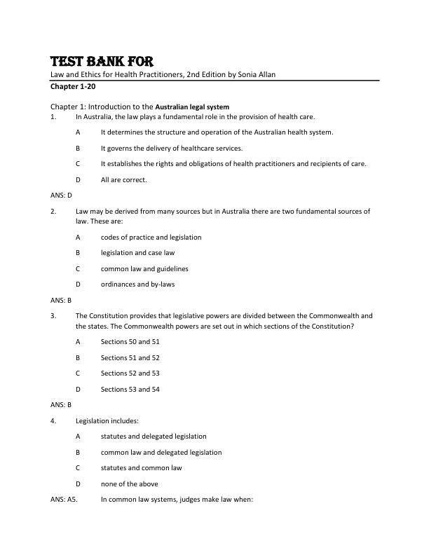 mobile-preview-Test Bank For Law and Ethics for Health Practitioners, 2nd Edition by Sonia Allan Chapter 1-20