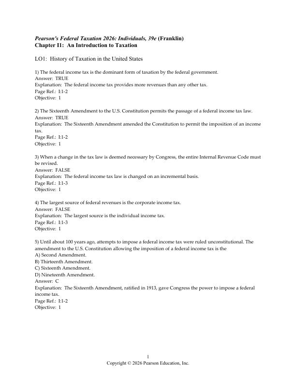 mobile-preview-Test Bank For Pearson's Federal Taxation 2026 Individuals, 39th Edition by Mitchell Franklin Luke E. Richardson Chapter 1-18