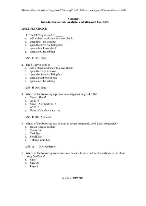 mobile-preview-Test Bank For Data Analytics Using Excel® Microsoft® 365 With Accounting and Finance Datasets (with SmartGrader for Excel) Version 4.0 By Joseph M. Manzo Chapter 1-10