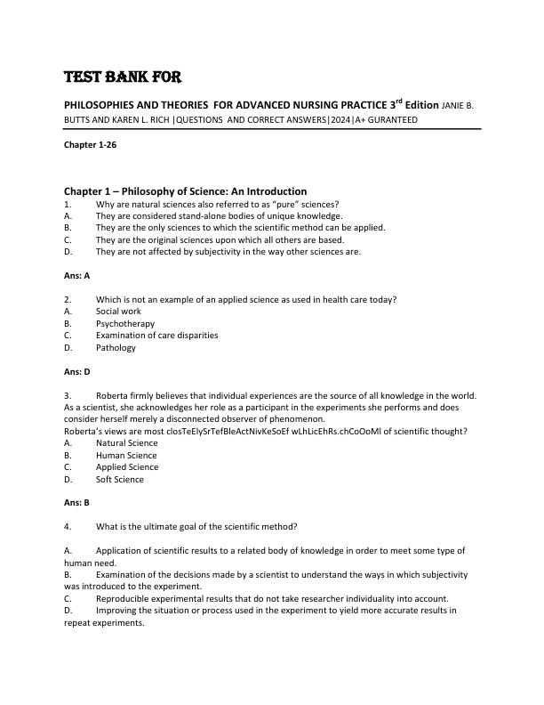 TEST BANK FOR PHILOSOPHIES AND THEORIES FOR ADVANCED NURSING PRACTICE 3rd Edition BY JANIE B. BUTTS AND KAREN L. RICH QUESTIONS AND CORRECT ANSWERS2024A+ GURANTEED