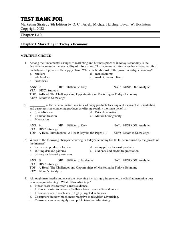 mobile-preview-Test Bank For Marketing Strategy 8th Edition by O. C. Ferrell, Michael Hartline, Bryan W. Hochstein Copyright 2022 Chapter 1-10