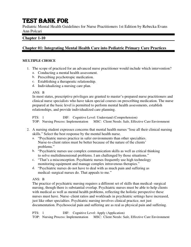 mobile-preview-Test Bank For Pediatric Mental Health Guidelines for Nurse Practitioners 1st Edition by Rebecka Evans Ann Polcari Chapter 1-10