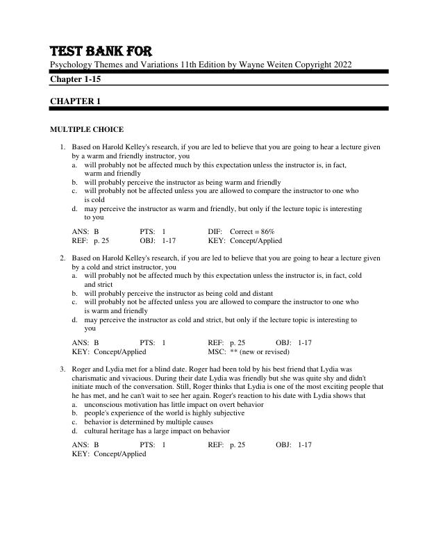 mobile-preview-Test Bank For Psychology Themes and Variations 11th Edition by Wayne Weiten  Copyright 2022 Chapter 1-15