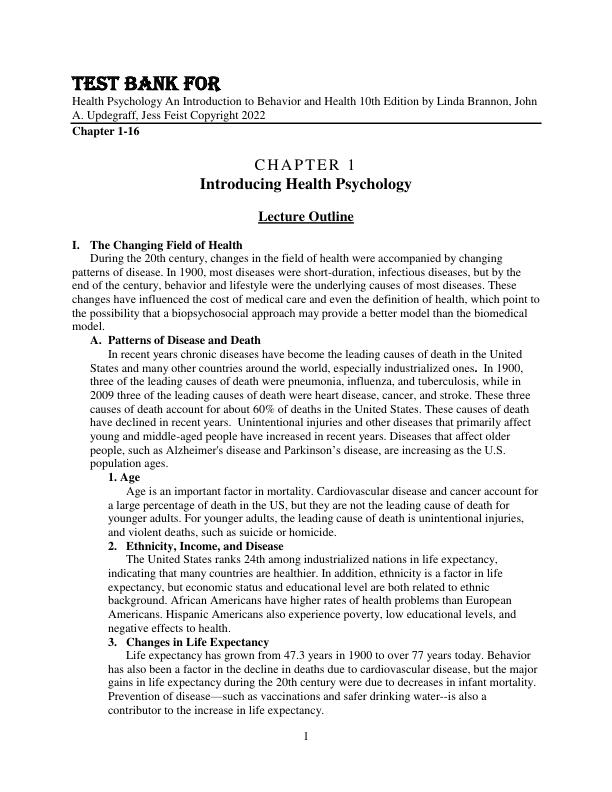 mobile-preview-Test Bank For Health Psychology An Introduction to Behavior and Health 10th Edition by Linda Brannon, John A. Updegraff, Jess Feist Copyright 2022 Chapter 1-16