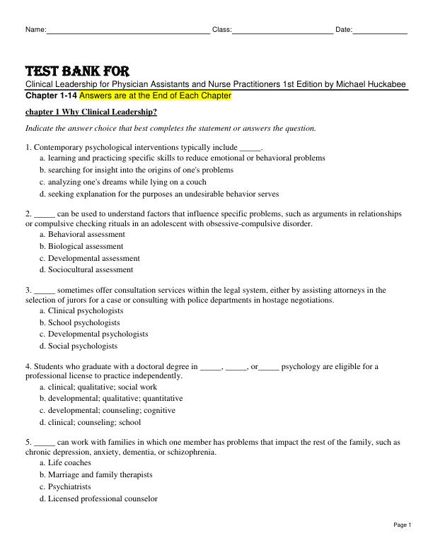 mobile-preview-Test Bank For Clinical Leadership for Physician Assistants and Nurse Practitioners 1st Edition by Michael Huckabee Chapter 1-14