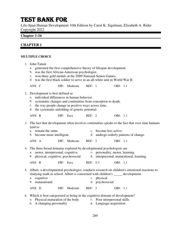 mobile-preview-Test Bank For Life-Span Human Development 10th Edition by Carol K. Sigelman, Elizabeth A. Rider Copyright 2022 Chapter 1-16