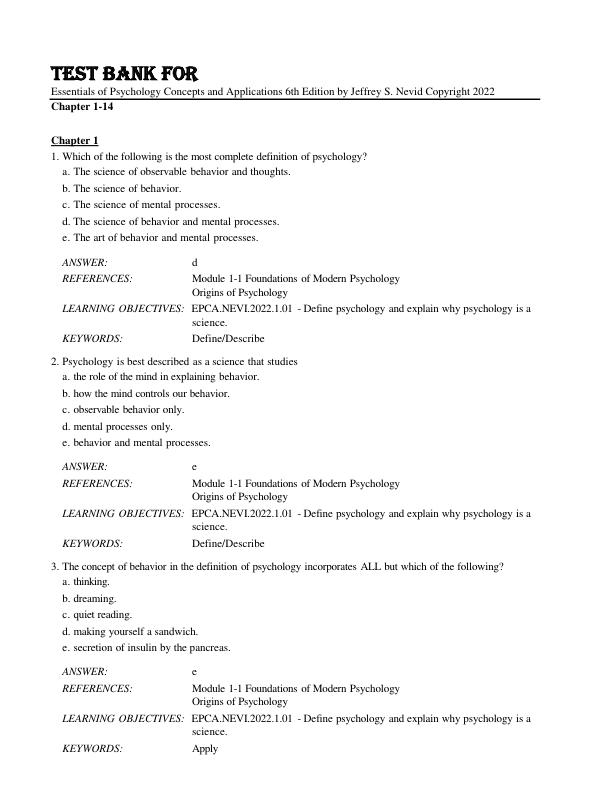mobile-preview-Test Bank For Essentials of Psychology Concepts and Applications 6th Edition by Jeffrey S. Nevid Copyright 2022 Chapter 1-14