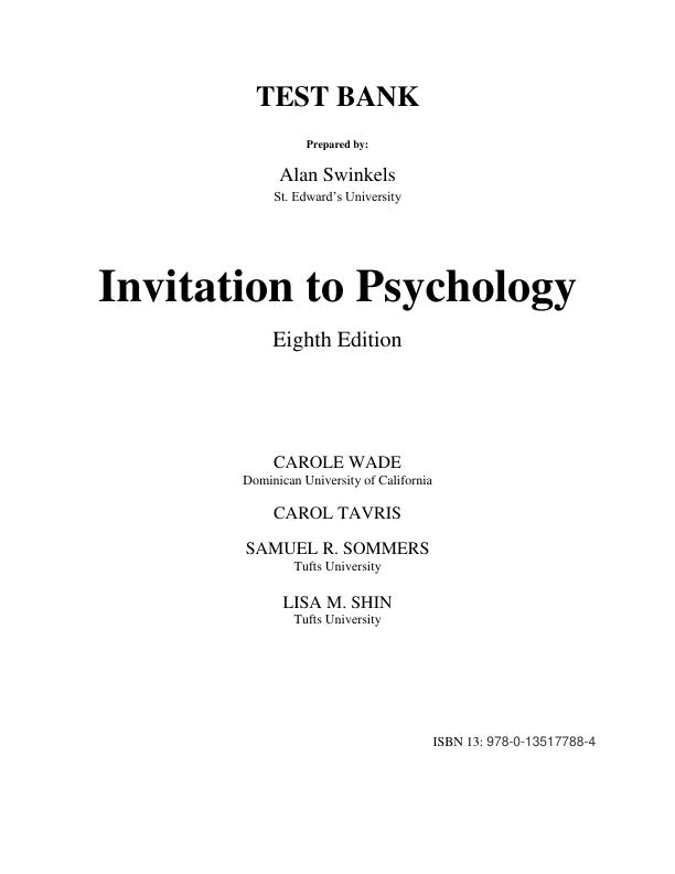 Test Bank For Invitation to Psychology, 8th Edition © 2022 Carole Wade Carol Tavris Samuel R Sommers Lisa M. Shin Chapter 1-14
