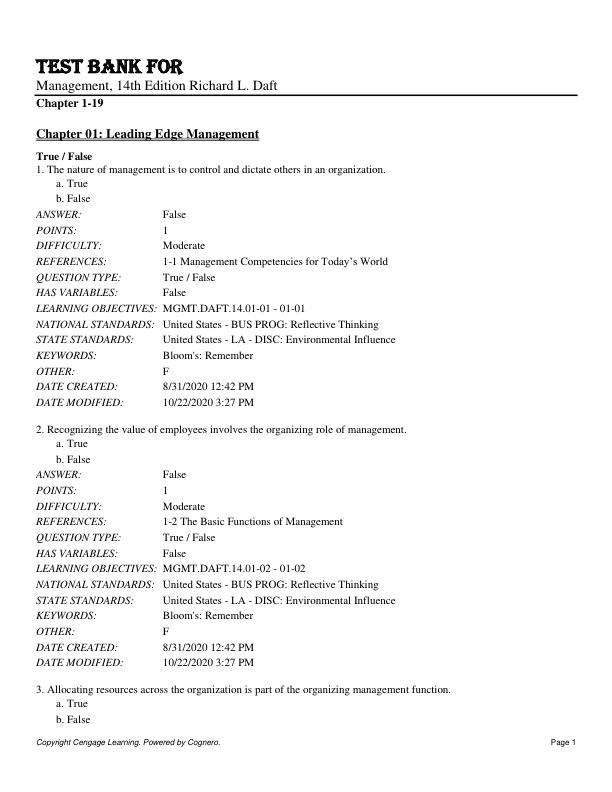 Test Bank For Management, 14th Edition by Richard L. Daft Chapter 1-19