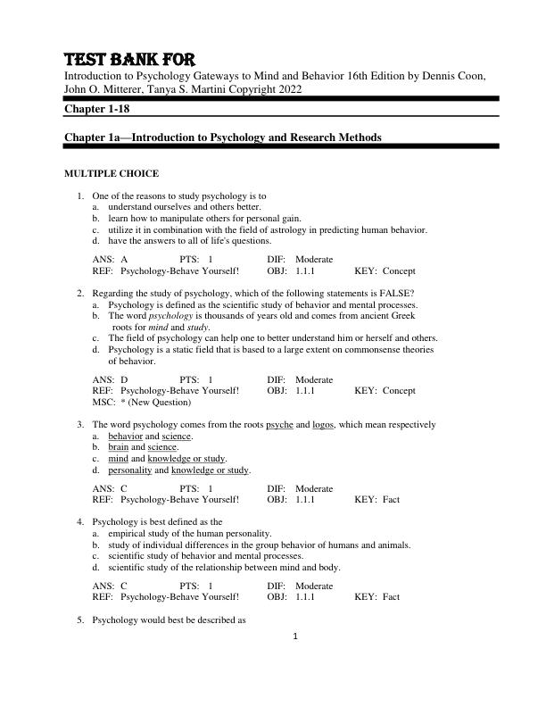 Test Bank For Introduction to Psychology Gateways to Mind and Behavior 16th Edition by Dennis Coon, John O. Mitterer, Tanya S. Martini Copyright 2022 Chapter 1-18
