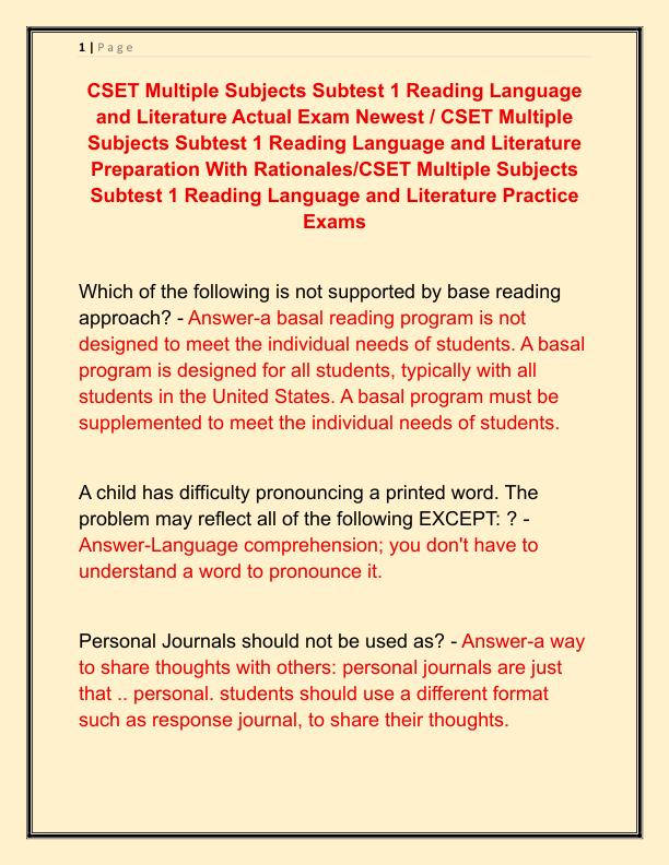 CSET Multiple Subjects Subtest 1 Reading Language and Literature Actual Exam Newes1