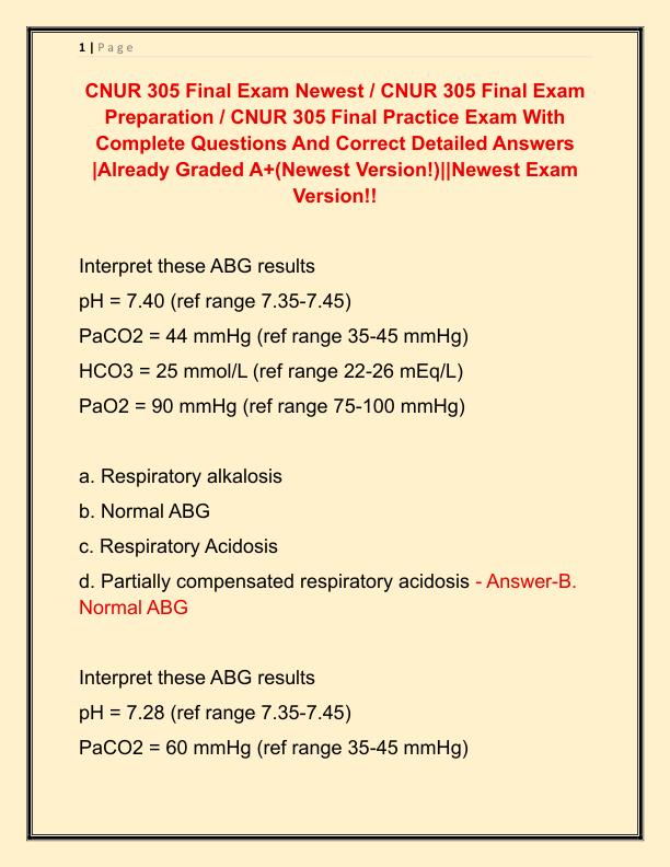 CNUR 305 Final Exam Newest